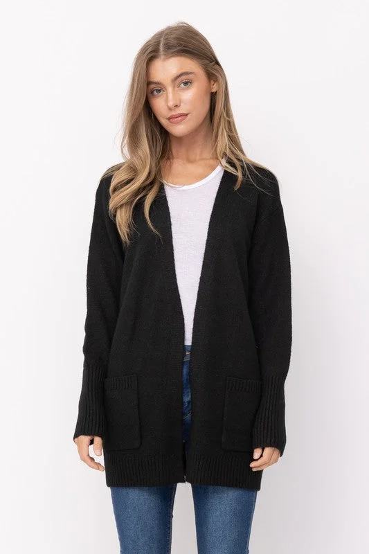 Long Open Front Cardigan in Black Fitted Loose Oversized