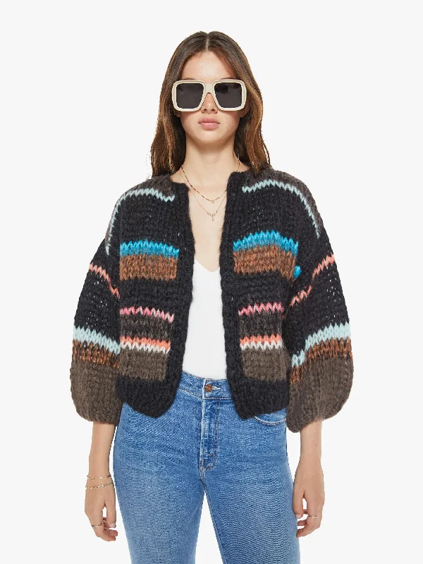 Maiami Stripes Galore Bomber Cardigan - Chocolate Zippered Buttoned Snapped