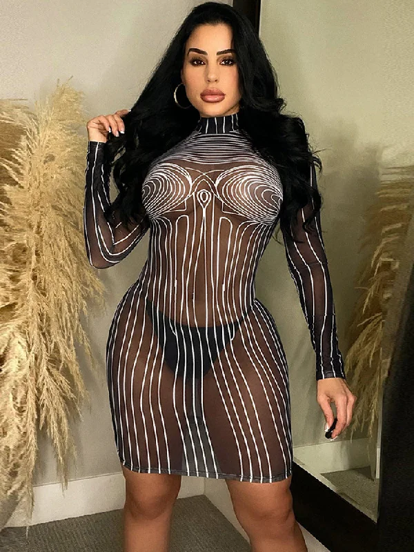 Mesh Long Sleeve Striped Bodycon Mini Dresses Pencil Office Professional