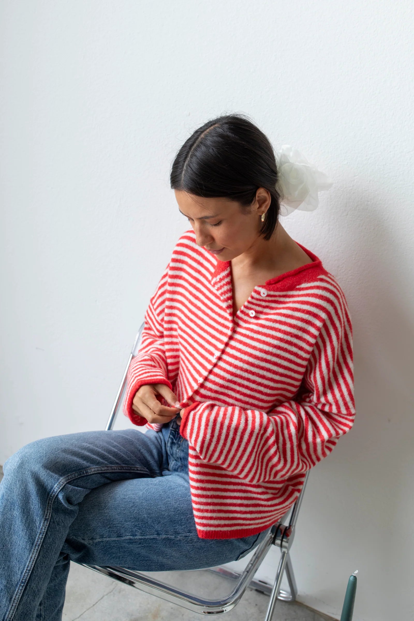 Mini Striped Piper Cardigan - Red Lightweight Heavyweight Midweight