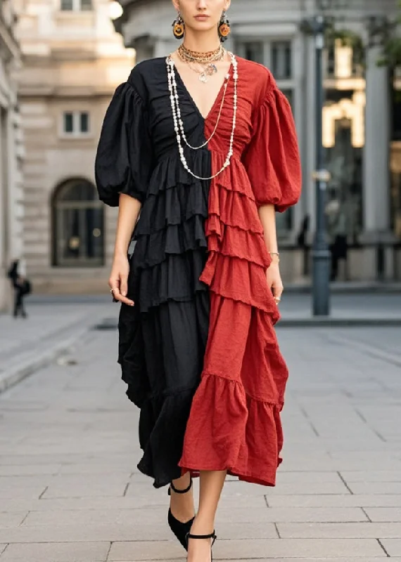 Modern Colorblock Ruffled Patchwork Wrinkled Cotton Dress Lantern Sleeve Crew Neckline Casual