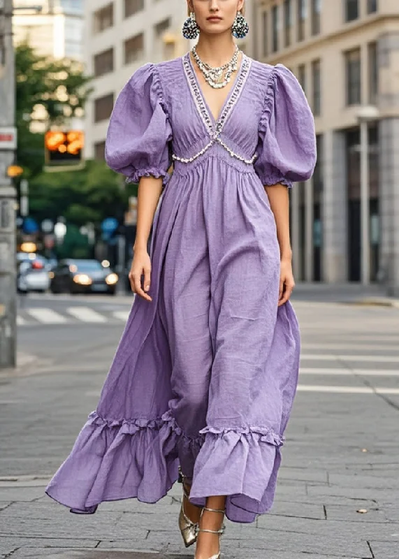 Natural Purple Puff Sleeve Nail Bead Cotton Long Dress Tunics Silk luxurious