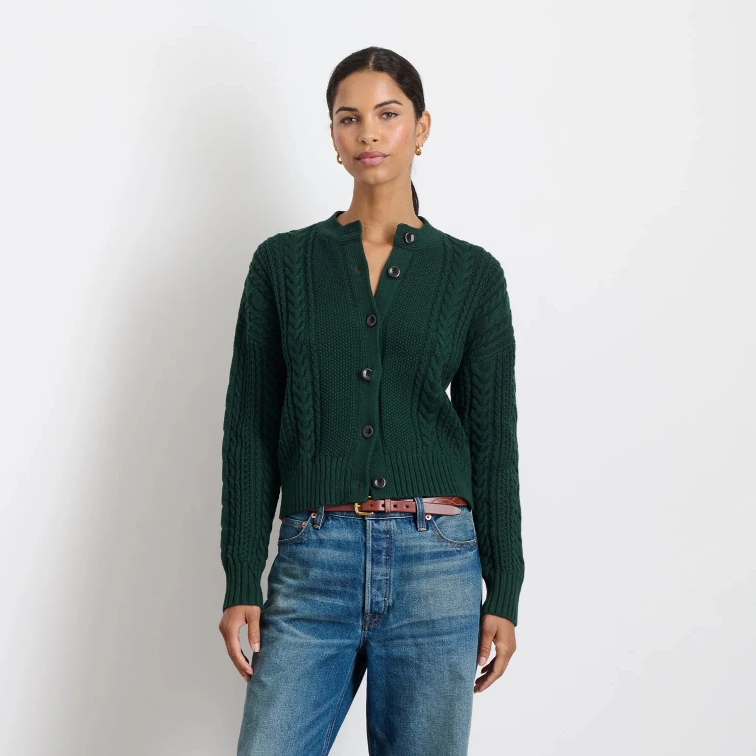 Nico Chunky Cable Knit Cardigan, Evergreen Terry Blend Velvet Blend Canvas Blend