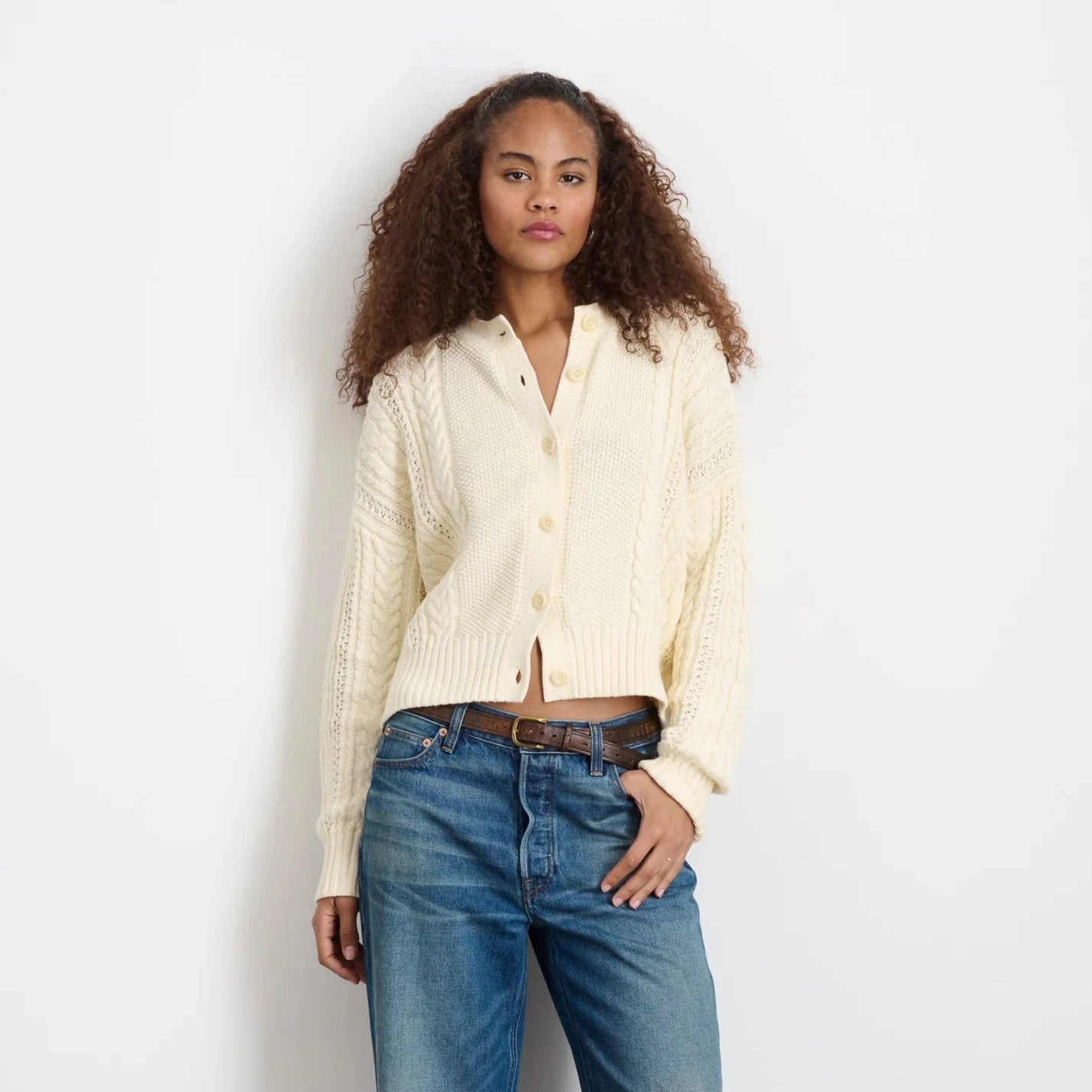 Nico Chunky Cable Knit Cardigan, Ivory Mesh Fabric Canvas Fabric Denim Fabric