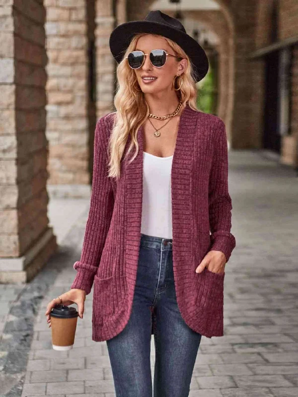 Functional and Stylish: Open Front Cardigan for Women with Pockets Striped Floral Plaid