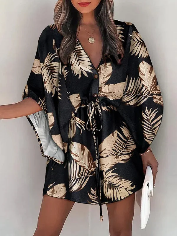 Zjkrl - Original Loose Leaf Printed Contrast Color Tied Buttoned Mini Shirt Dress Elegant Long Evening