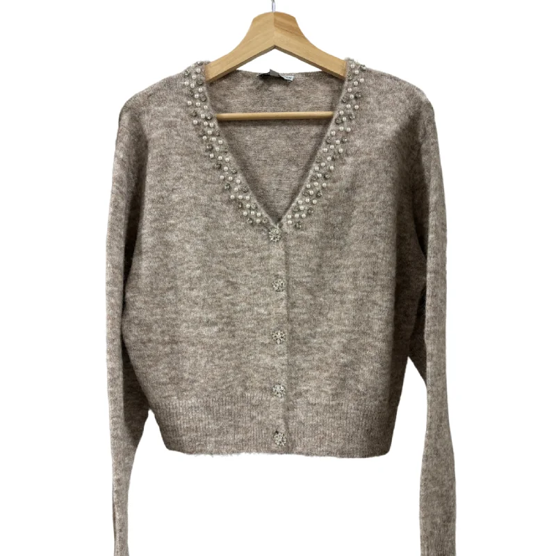 Pearl Embellished Cardigan in Light Taupe Mesh Fabric Canvas Fabric Denim Fabric