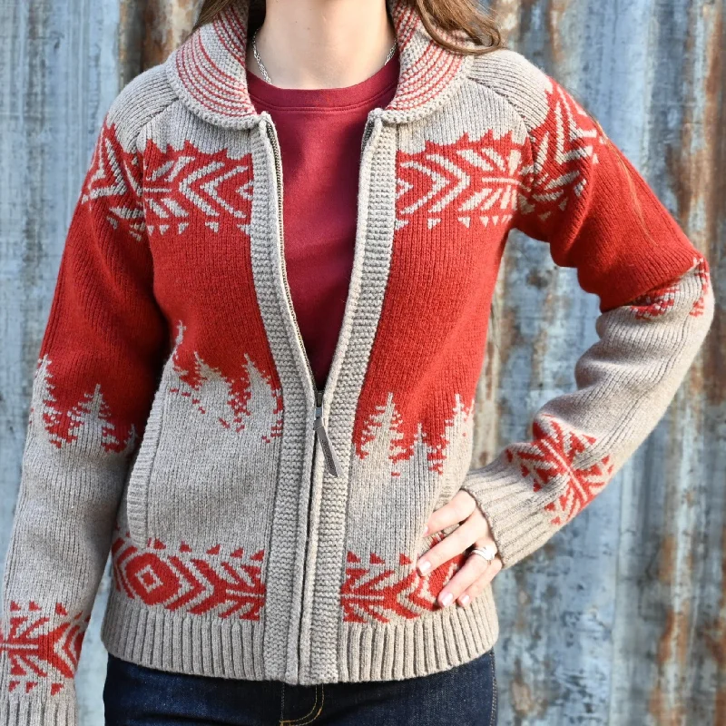 Pendleton Ladies Alpine Lambswool Zip Cardigan in Natural and Scarlet Houndstooth Herringbone Solid