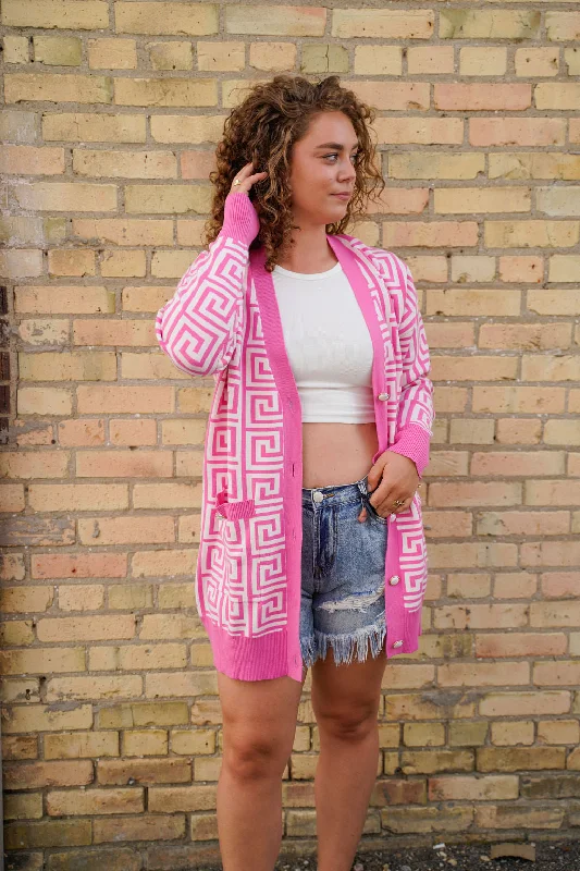 Pink Geo Cardigan Cable Knit Ribbed Knit Lace Knit