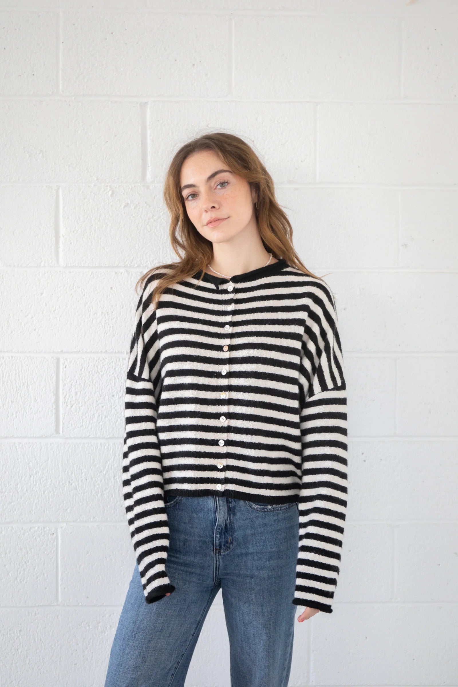 Piper Striped Cardigan - Ivory Black Zippered Buttoned Snapped