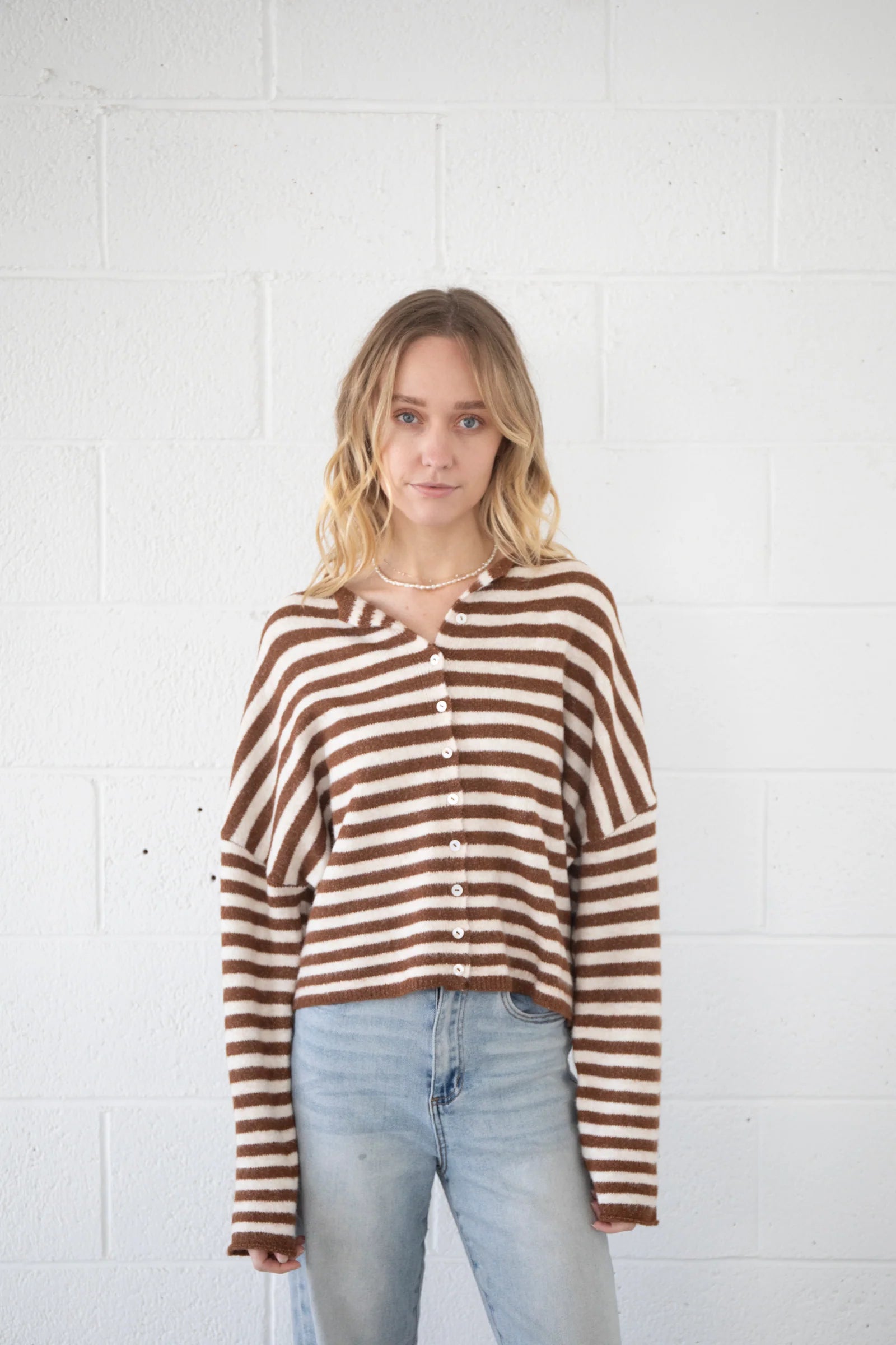 Piper Striped Cardigan - Ivory Brown Neon metallic Matte