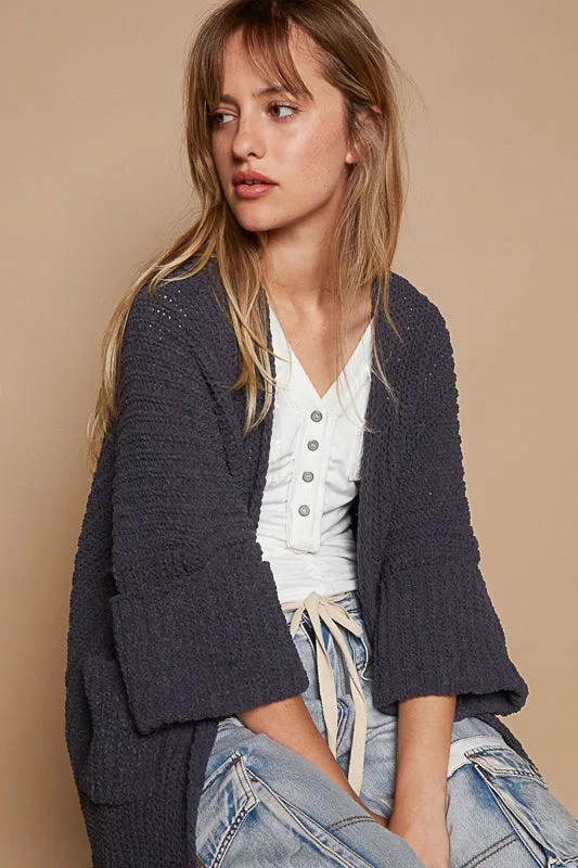 Wide Cuff Sleeve Chunky Knit Cardigan by POL - Ink Charcoal Welt Pockets Slit Pockets Flap Pockets