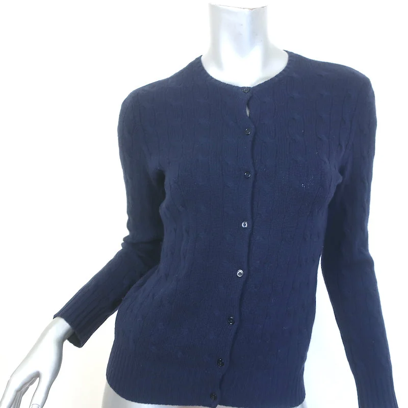 Ralph Lauren Black Label Cashmere Cable Knit Crewneck Cardigan Navy Size Medium Toggled Drawstring Belted