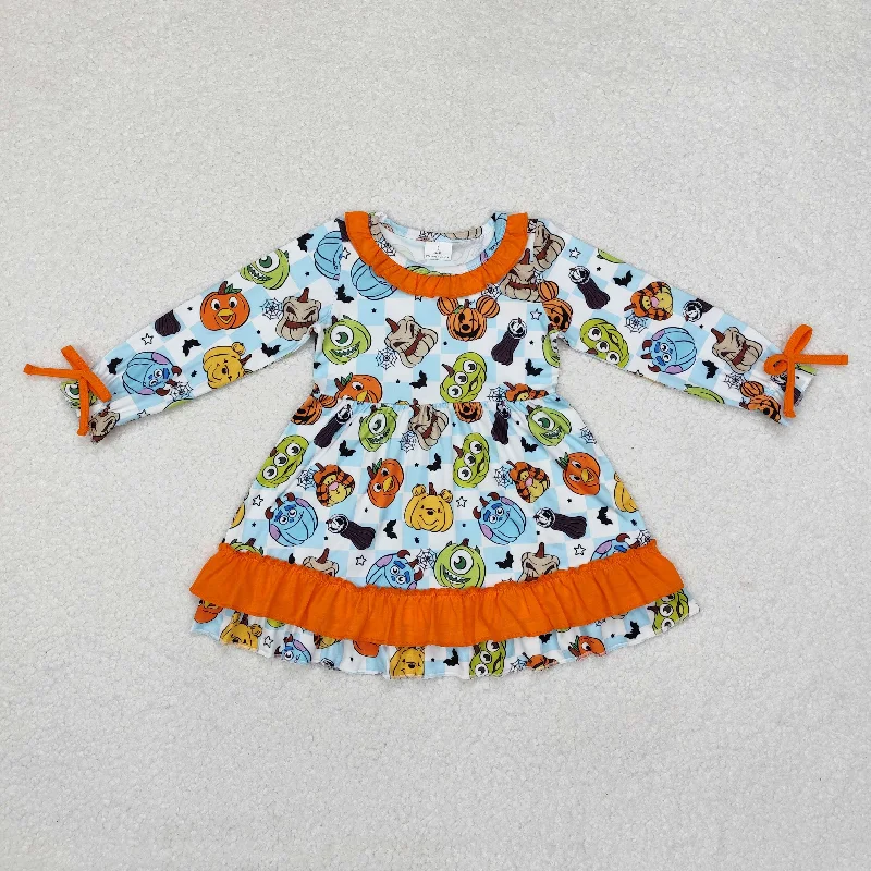 RTS NO MOQ ETA 5/7days GLD0791 Halloween Monsters University orange lace blue and white plaid long-sleeved dress Tunics Designer luxury