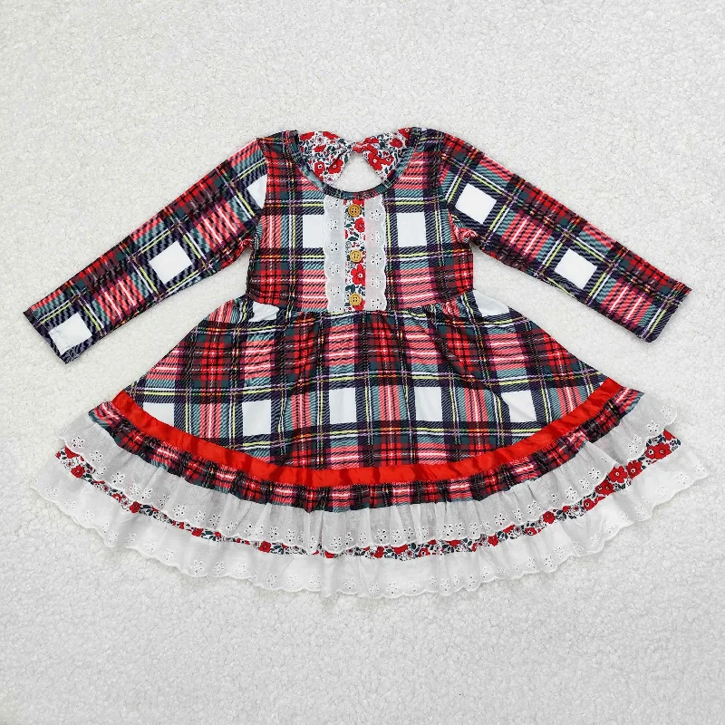 RTS NO MOQ ETA 5/7days GLD0838 Christmas plaid lace long-sleeved dress Boatneck Modish Everyday