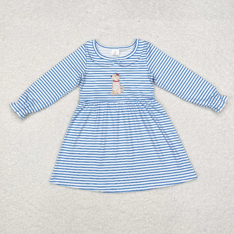 rts no moq GLD0701 Embroidered puppy striped doll collar blue and white long-sleeved dress Tunics Versatile functional