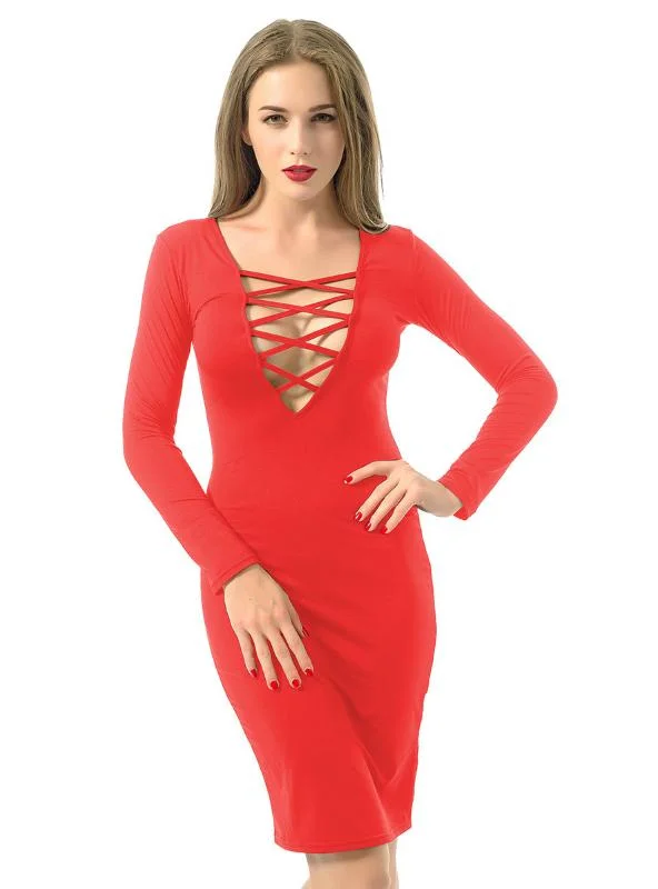 Sexy Cross Strap Nightclub Long Sleeve Dress Tunics Designer luxury