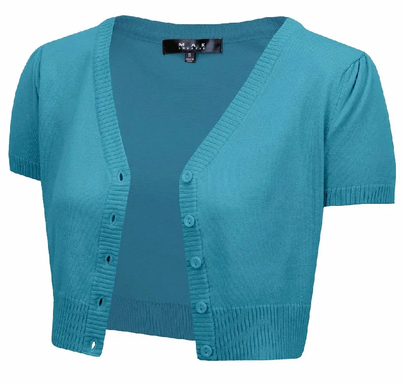 Short Sleeve Cropped Cardigan - Capri Blue Bright Pastel Dark