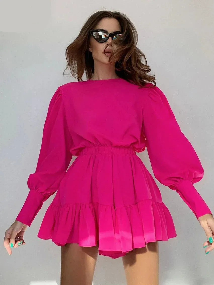 Sleeve High Waist A-Line Pleated Women'S Dress Casual O Neck Pink Mini Dresses Autumn Sexy Long Sleeve Robe Tunics Sophisticated sleek