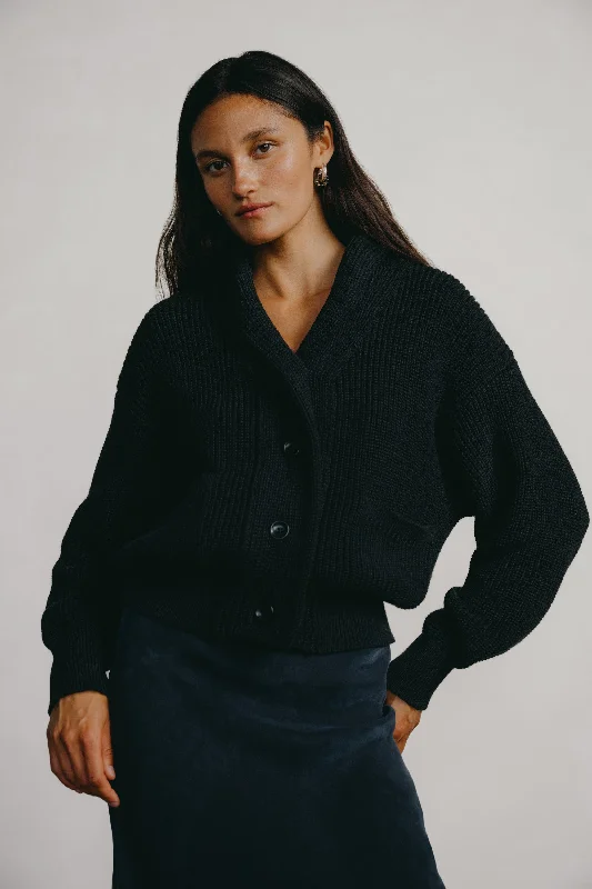 Sloan Cardigan, Organic Tanguis Cotton, Black Hooded Caped Shawl Collar