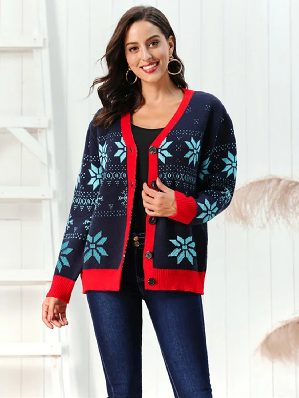 Snowflake Pattern Button Down Cardigan Embroidered Appliqued Beaded