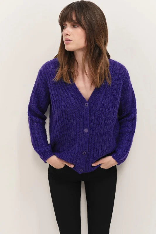 TIM  - Cardigan purple tricot à encolure V profonde Zippered Front Buttoned Front Snap Front