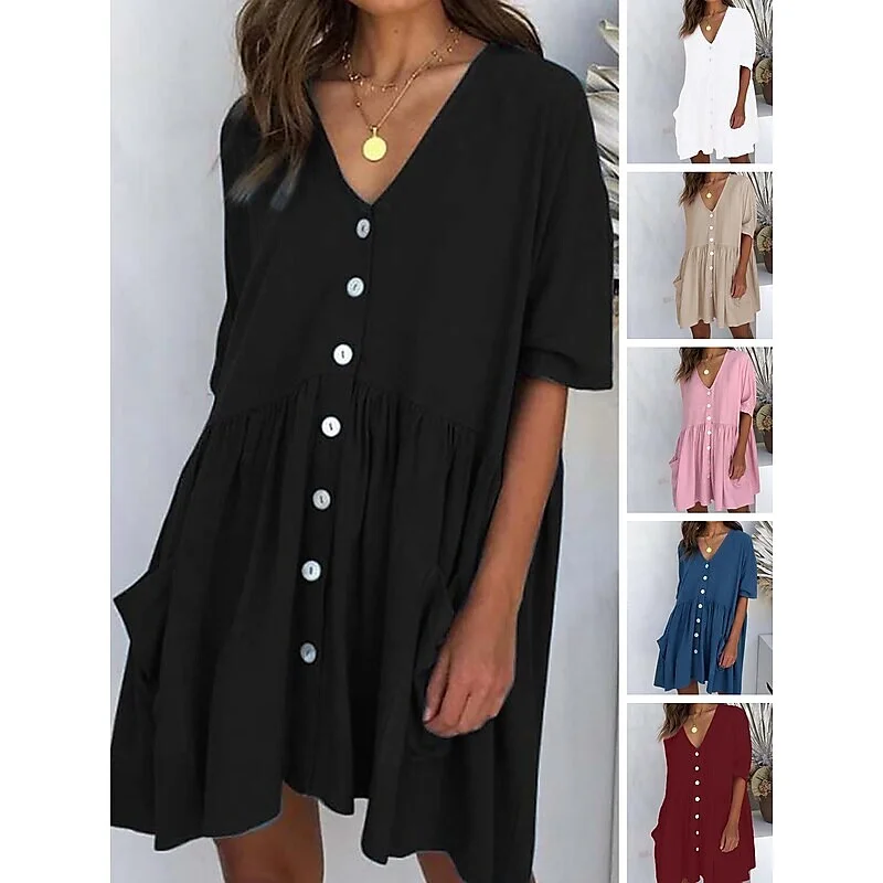 Women's Casual Dress Linen Dress Tiered Dress Mini Dress Black White Pink Short Sleeve Pure Color Ruched Winter Fall Spring V Neck Basic Daily Vacation Loose Fit S M L XL XXL 3XL Turtleneck Neckline Stylish