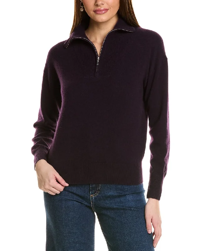 Amicale Cashmere Rib Detail 1/4-Zip Cashmere Pullover Spaghetti Sleeve Top