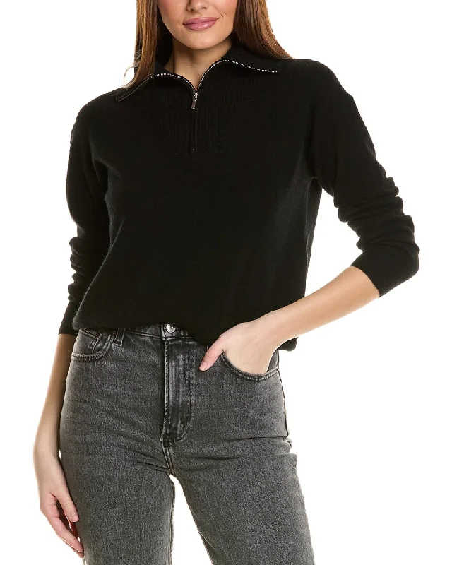 Amicale Cashmere Rib Detail 1/4-Zip Cashmere Pullover Oblong Neck Pullover