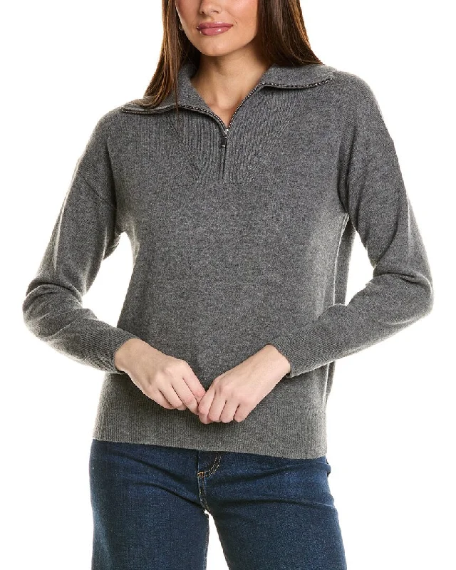 Amicale Cashmere Rib Detail 1/4-Zip Cashmere Pullover Scalloped Neck Pullover