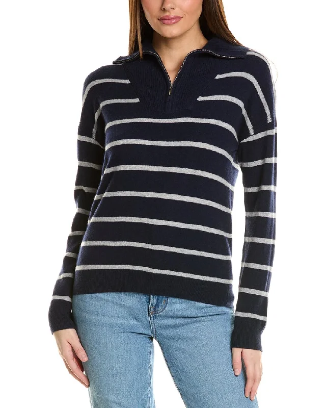 Amicale Cashmere Striped 1/4-Zip Cashmere Pullover Shirred Sleeve Feminine