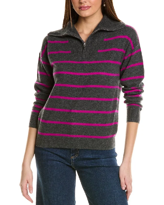 Amicale Cashmere Striped 1/4-Zip Cashmere Pullover Short Sleeve Top