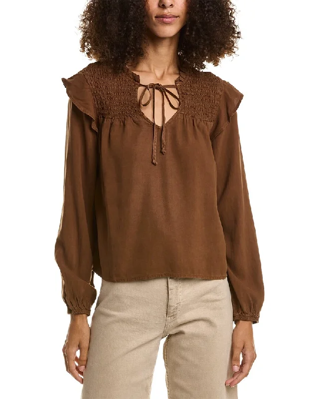 Bella Dahl Smocked Ruffle Pullover Sabrina Neck Pullover