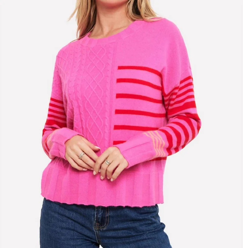 Callie Cable Stipe Crew Pullover In Diva Pink/red/neon Coral Leg Sleeve Comfort