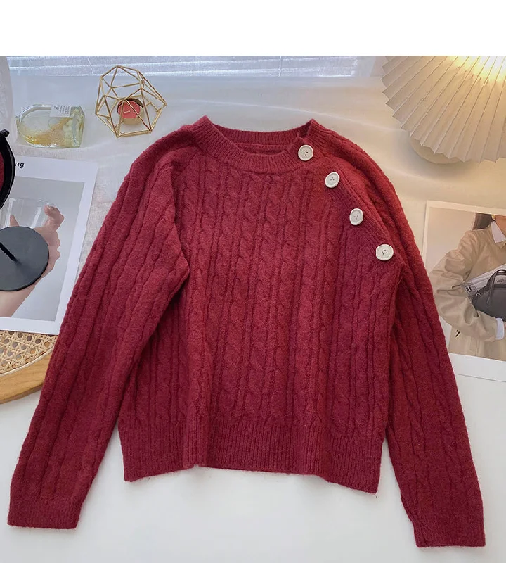 Design sense personalized diagonal button round neck Pullover versatile top  6032 Soft Wool Sweater