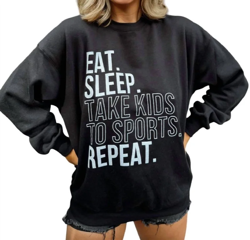 Eat Sleep Take Kids To Sports Repeat Pullover In Black One Shoulder Top