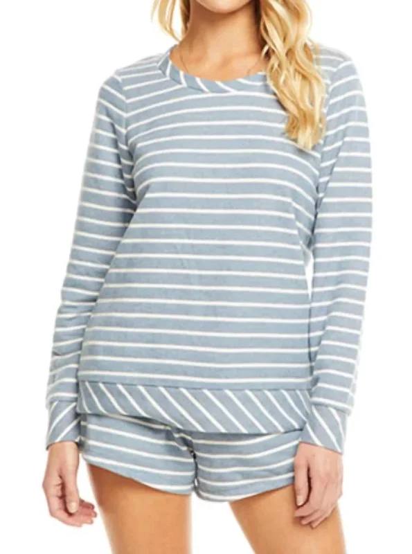 French Terry Striped Open Neck L/s Pullover Elbow Length Sleeve