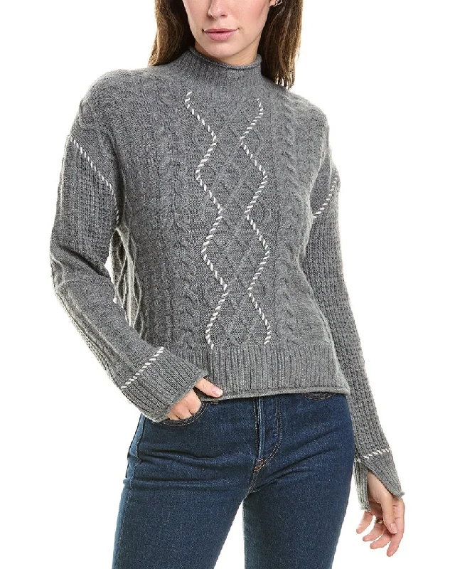 Hannah Rose Whipstitch Cable Wool & Cashmere-Blend Pullover Bishop Sleeve Elegant