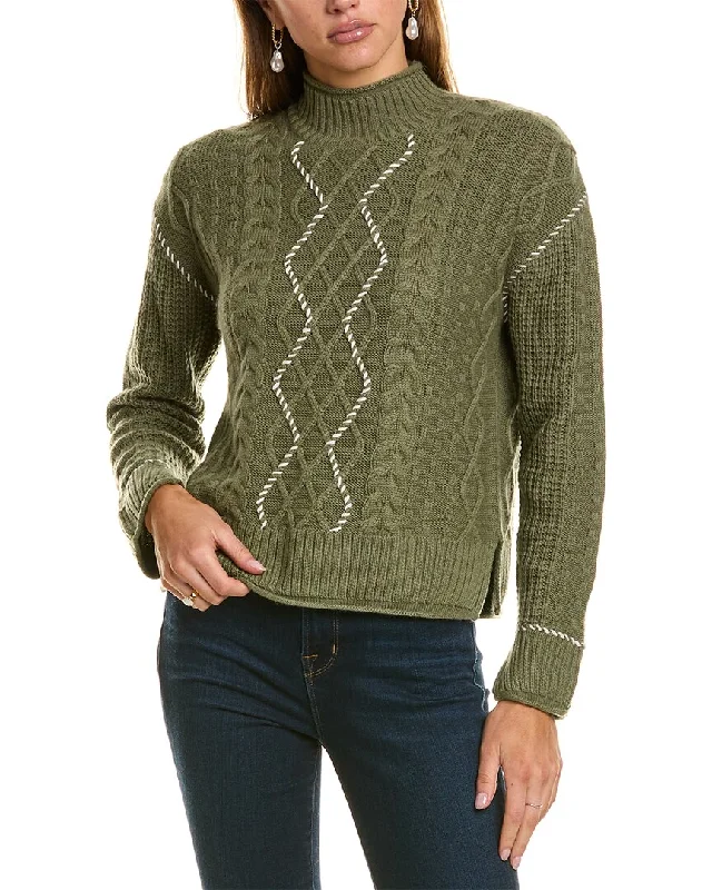 Hannah Rose Whipstitch Cable Wool & Cashmere-Blend Pullover Asymmetrical Hem Sweater