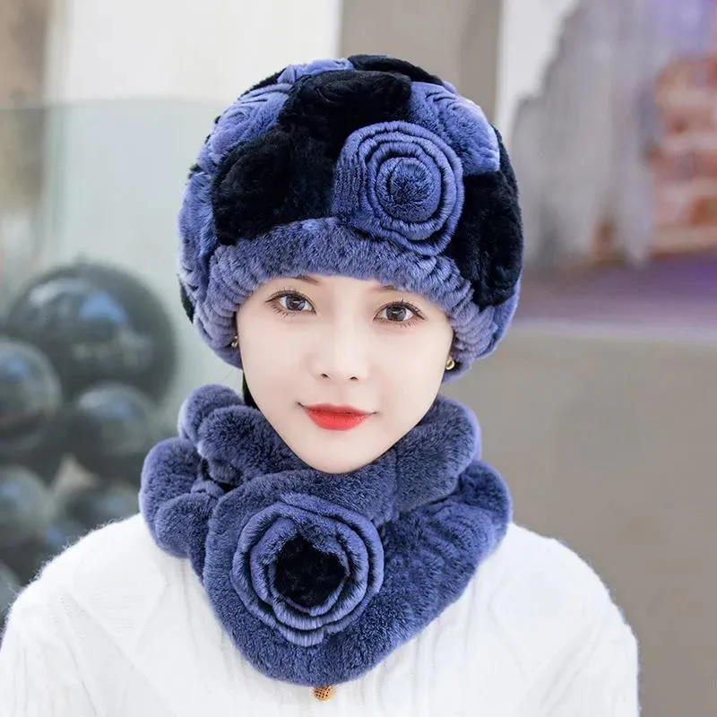 Imitation Rabbit Fur Hat Winter Outdoor Warm Pullover Hat Fashion Flower Plush Hat Jewel Neck Pullover