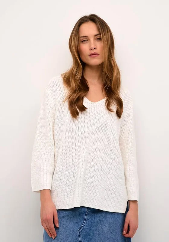 KAFFE Kamerian V-Neck Knit Pullover Jumper, Chalk Faux Fur Trim