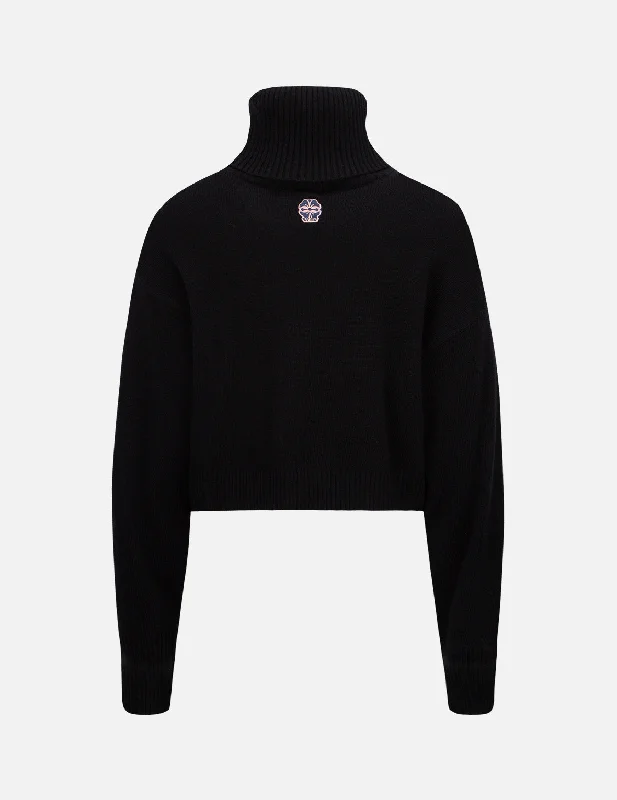 Kamon Embroidery Turtleneck Knitted Pullover Tapered Sleeve Pullover