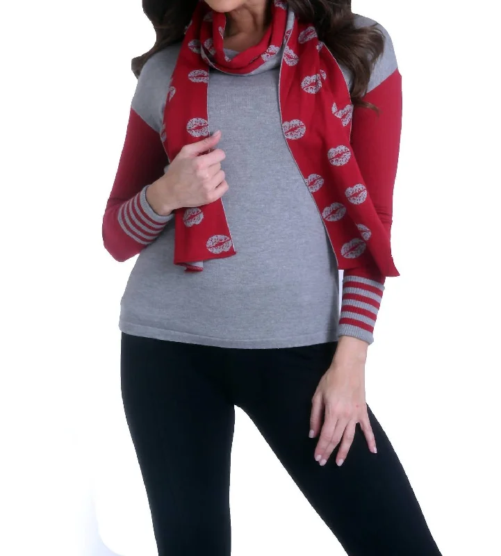 Kiss Me Pullover W/ Scarf In Gray/red Peter Pan Collar