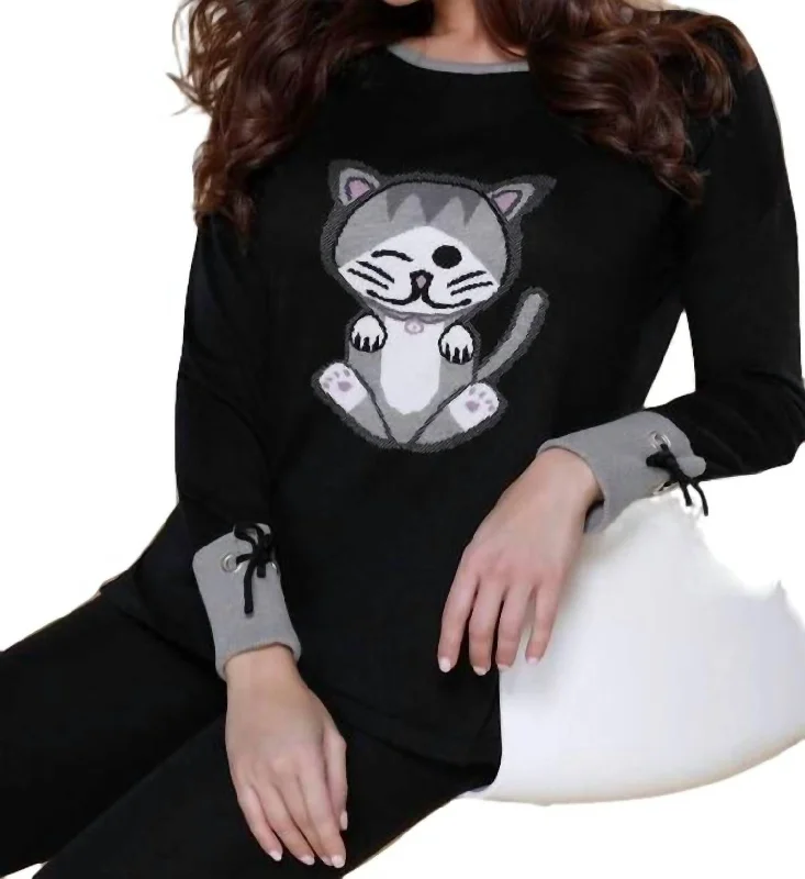 Kitty Paws Pullover In Black Multi Shawl Collar Sweater