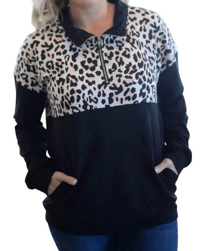 Leopard Zip Up Pullover In Multi Deep Neck Pullover