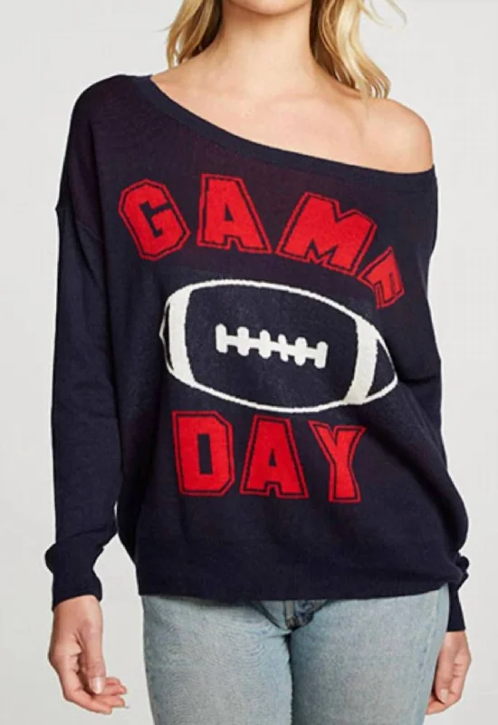 Long Sleeve Wide Neck Game Day Pullover In Navy Lantern Sleeve Elegant