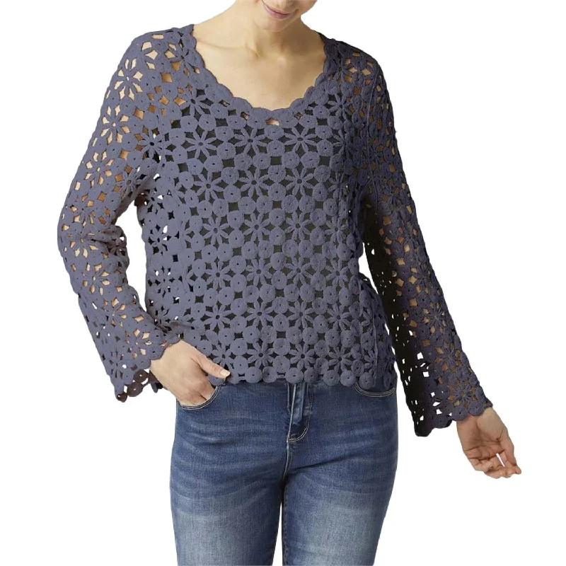 Lucia Floral Crochet Pullover In Smokey Blue Plunging Neck Pullover