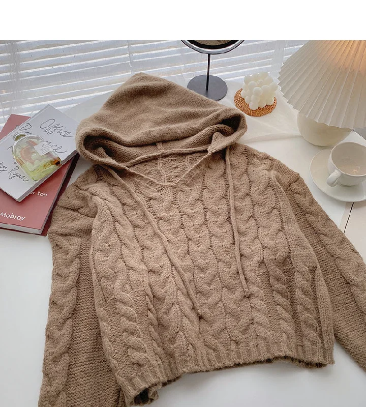 Niche design hooded Pullover long sleeve short knit top  5854 Cashmere Luxurious Pullover