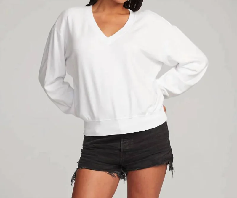 Poppy V Neck Pullover In White Boat Neck Sweater