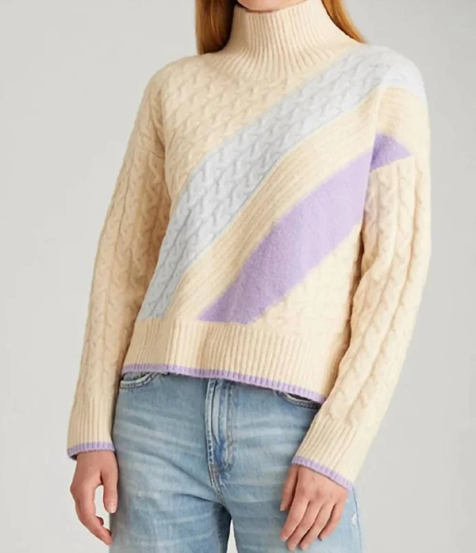 Ria Colorblock Cable Pullover In Cream Multi Cold Shoulder Design